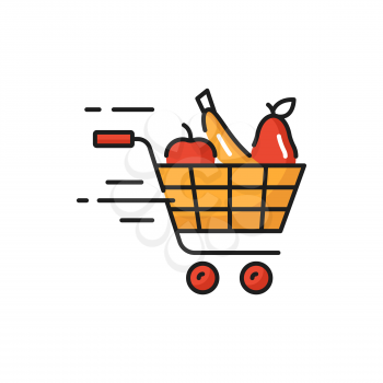 Shopping cart, grocery products online fast delivery isolated. Vector online order and delivery, trolley with retail basket, online deliver shoppingcart pushcart with food, buyers bag with fruits