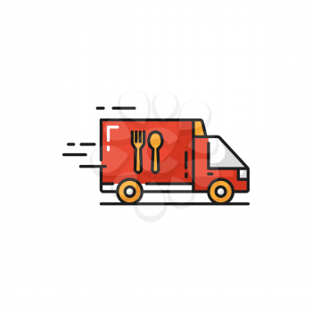 Truck van online food order quick express delivery isolated flat icon. Vector hot dinners and lunches shipping services. Quick express deliver transport, fastfood shipping services, fast online order