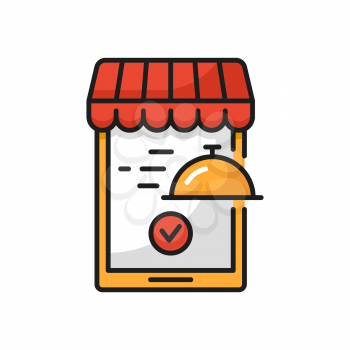 Food delivery icon online mobile application lunch isolated. Vector fast food delivery in smartphone, fast shipping services, cafe restaurant order accepted sign. Takeaway takeout meal web order