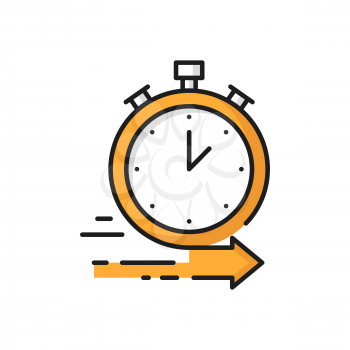 Online orders on fast food delivery clock isolated icon. Vector all day night fast deliver services, takeaway takeout meals emergency services on tasty food cooking. Timer with arrow, quick order