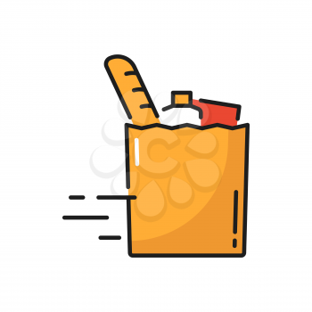 Shopping bag pack grocery products online delivery isolated flat icon. Vector dairy and bakery products, fast online order and delivery. Consumer basket, mobile shopping, retail buyers bag yellow sign