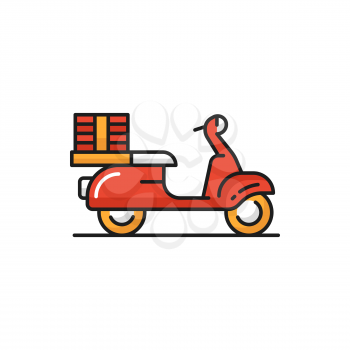 Bicycle or bike of courier, food delivery services isolated flat icon. Vector shipping services and fast online order, red color motor bicycle. Courier cycle, box with ordered lunch or dinner