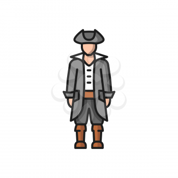 Conquistador medieval conqueror isolated flat cartoon icon. Vector traditional spanish man in national costume, broad hat, long coat and high boots. Spanish or portuguese citizen, historical cloth