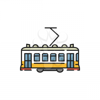 Lisbon city trolley isolated tram trolley flat line icon. Vector urban trolleybus design element. Retro Portugal Turkey train, passengers, people transportation service. Tramway rapid trolley
