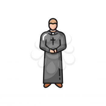Catholic priest isolated prayer in robe flat line icon. Vector portuguese Roman pastor, portugal man in robe and cross, long gown. Religion person with cross, missionary clergyman in uniform