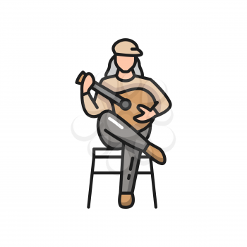 Fado Portuguese music player guitarist with guitar isolated. Vector Portugal guitarist, singer with ukulele guitar sitting singing songs. Folk music, character play on national musical instrument