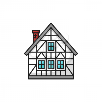 Mountain chalet Switzerland traditional building isolated flat line icon. Vector Swiss half-timbered cottage, family summer house. Wooden hut dwelling for booking, sale or rent, country home