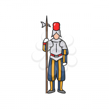 Switzerland warrior Swiss guard of vatican isolated icon. Vector feudal soldier in helmet, medieval knight in costume with axe. Warrior with viking military iron halberd, voulge glaive harpoon tool