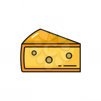 Triangle of Swiss cheese isolated dairy food flat line icon. Vector holland appetizer dietary food product. Traditional italian or french, Switzerland national snack. Gourmet cheese with holes