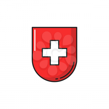 Shield with Swiss flag or cross, healthcare emblem isolated. Vector healthcare medicine cross, medical help and assistance badge, official flag. Switzerland national symbol, protection and security