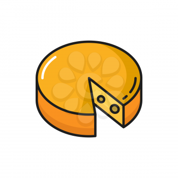 Round Swiss cheese wheel with cut triangle isolated dairy food flat line icon. Vector traditional italian french, holland appetizer food product. Gourmet cheese with holes, Switzerland national snack