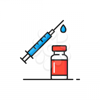 Coronavirus vaccination bottle and injection shot isolated color line icon. Vector shot inject with needle and drop, corona prevention flu diseases treatment. Global immunization, medicine health care