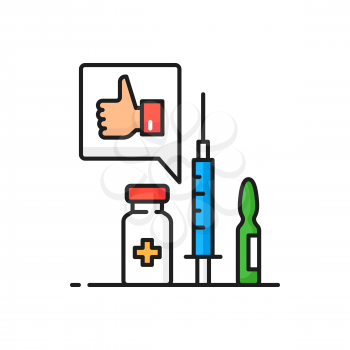 Coronavirus vaccination bottles and injection shot isolated color line icon. Vector medical drugs and thumb up, corona prevention. Medicine health care, global immunization, flu diseases treatment