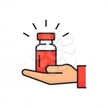 Hand held medicine red bottle isolated color line icon. Vector pharmacy treatment, antiviral drugs, coronavirus protection, healthy blood in bottle. Medicament pills, healthcare and immunization