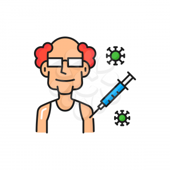 Old patient coronavirus vaccination isolated color line icon. Vector vaccinating old patient, corona virus. Antiviral injection to senior man at hospital. Covid-19 virus vaccination, shot in shoulder