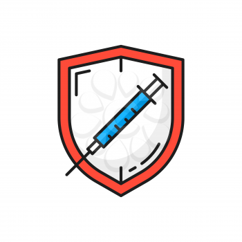 Coronavirus vaccine and protective shield isolated color line icon. Vector vaccination against COVID-19, immunization and health care, human safety concept. Virus protective shield, shot with vaccine