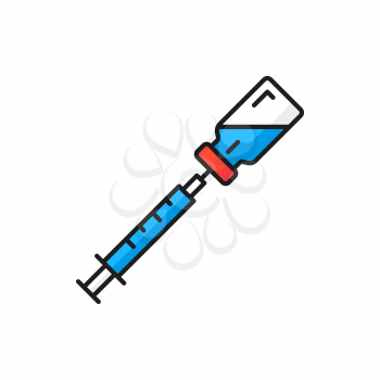 Vaccination bottle and injection shot isolated color line icon. Vector coronavirus vaccine and syringe, corona prevention, medicine health care campaign. Global immunization, flu diseases treatment