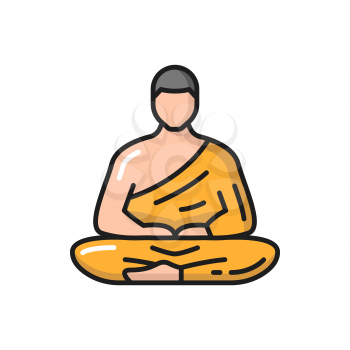Prayer in zen isolated meditating thai person, buddhist prayer Thailand man color line icon. Vector monk in robe praying in lotus pose, Tibetan religious spiritual sacred Buddha, asian culture prayer