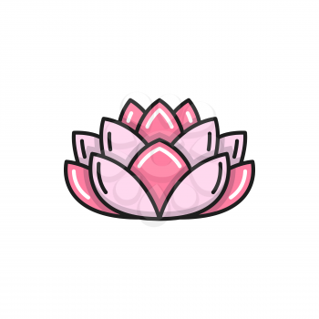 Pink lotus flower isolated water lily color line icon. Vector Thailand or Thai plant. Spa emblem, waterlily. Blooming exotic Buddhism symbol of harmony and wellbeing, lily blossom, asian bloom