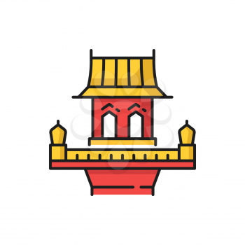 Thailand building, retro Thai home house isolated red and yellow color line icon. Vector old spirit house, vintage home with balcony. Oriental landmark, asian structure, Vietnam or China architecture
