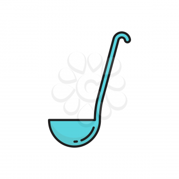 Ladle big spoon kitchenware isolated line icon. Vector blue kitchen utensil of aluminium, stainless steel, plastic ladle sign. Cooking implement instrument with long handle terminating in deep bowl