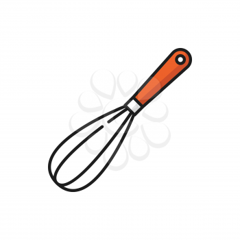 Metal whisk eggs beater mixer isolated color line icon. Vector stainless balloon whisk kitchenware equipment with red handle. Cooking utensil, egg beater sign. Mixing whisker culinary dishware item