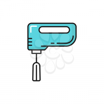 Kitchen appliance hand mixer isolated color line icon. Vector bakery tool eggs beater, blender to mix food, blue household device. Kitchenware equipment, retro hand electric mixer with metal whisk