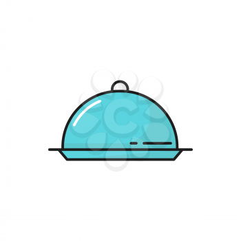 Dome shape tray with cover, blue kitchen serving cloche isolated line icon.Vector secret platter for serving food, flatware kitchen utensil object on banquets. Restaurant cloche with lid, plate