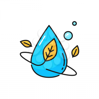 Natural fragrance dishwasher advertising drop with plant leaf isolated thin line icon. Vector purity concept, droplet and leaves in motion. Water aqua splashes, washing and dry cleaning color sign