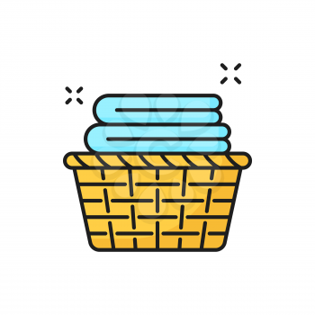 Stack of clean towels in laundry basket isolated color line icon. Vector wicker basket with clean cotton towels. Spa and bathroom objects, toiletries. Folded and rolled cloth for washing and cleaning