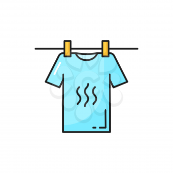 T-shirt hanging on clothesline with cloth pins isolated color line icon. Vector washing cloth, clothes line with dry apparel. Drying clean boy or girl shirt hang on linen rope on wooden clothespins