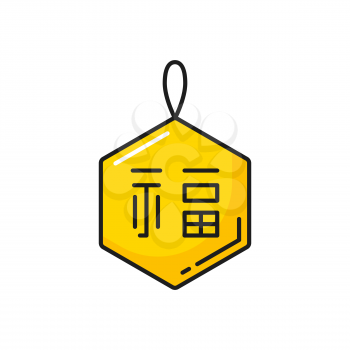 Hanging pendant, chinese golden decoration isolated line icon. Vector hieroglyphic sign and hanging China, Korea or Japan paper decoration. Jade discs for China Mid Autumn Festival decoration