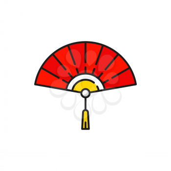 Chinese fan with tassel isolated handheld tessen souvenir from China color line icon. Vector folding paper or silk blower, traditional Korean Japanese geisha foldable fan. Weaponized Japan warfare fan