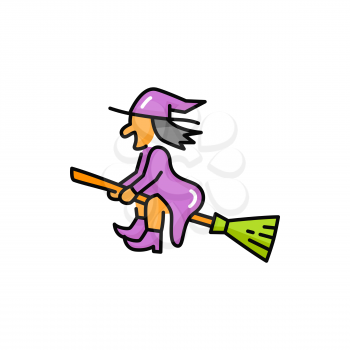 Halloween lady spooky witch on broomstick isolated cartoon icon. Vector magic old woman wizard in flight, purple baba yaga character on green broom. Ugly flying woman on wooden broomstick profile view
