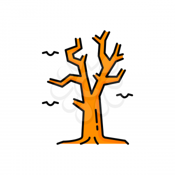 Dry tree with bare twigs or branches isolated outline icon. Vector dry bare tree twigs, brown color plant. Scary forest or wood design element, trunk without leaves and flying raven crow birds in sky