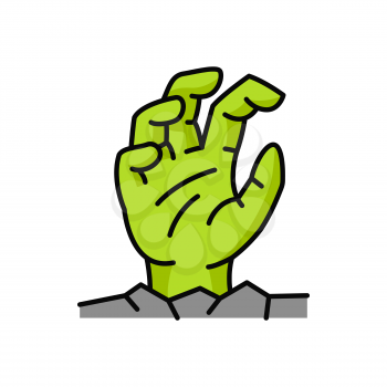 Ghost arm sticking out, green zombie hand rise from grave isolated outline icon. Vector nightmare creepy demon, Halloween dead man arm coming out of ground soil. Undead on cemetery, ghost arm