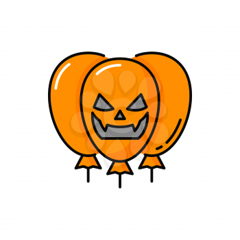 Scary face of ghost demon on Halloweens balloons isolated orange color bubbles. Vector smiling demon, birthday party gift present, party decoration. Funny helium balloons with creepy spooky ghost
