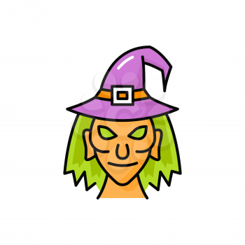 Ugly old witch in hat isolated head face line icon. Vector Halloween lady in old fashion headwear. Magician baba yaga. Scary magic wicked female sorceress with ugly face, green hair in purple hat
