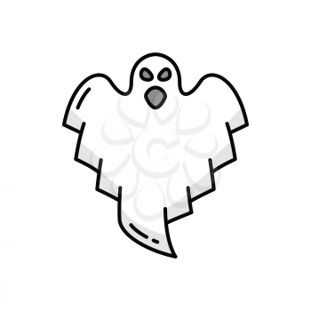 Spirit mystery poltergeist isolated monster outline icon. Vector Halloween scary dead spooky frightening spirit, ghost phantom in white sheet, monster. Mystery poltergeist, haunted evil demon
