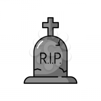 Grave, tombstone and cross RIP inscription outline color line icon. Vector burial headstone with cross, grave cracked stone with RIP inscription. Halloween symbol, cemetery and graveyard sign