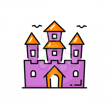 Fairytale castle fantasy fortress with raven birds isolated color line icon. Vector Dracula fortress, Halloween party symbol magic citadel. Purple fort building, magic house of dream, stronghold tower