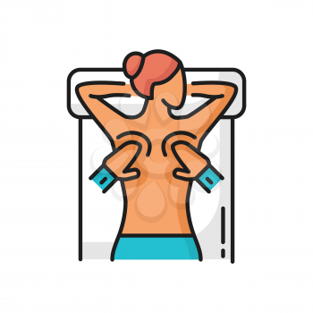 Spa, massage icon. Physiotherapist massaging woman lying on bed isolated color line icon. Vector masseur hands on womans back, chiropractic, rehabilitation. Thai massage, physiotherapy relaxation