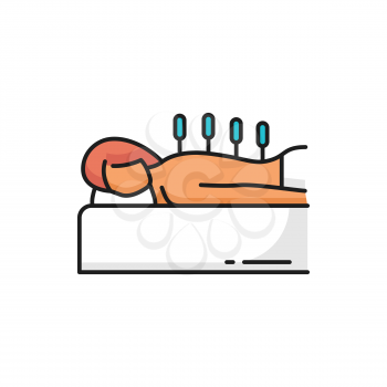 Needles in back, acupuncture integrative medicine isolated color line icon. Vector beauty and spa, medical and physical treat, mental emotional healthcare. Relaxation and rest, needles in woman back