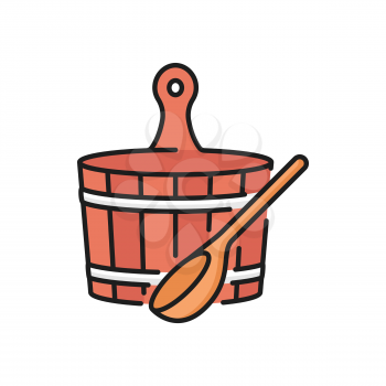 Wooden bucket and ladle, sauna bathing equipment isolated color icon. Vector traditional russian bowl and spoon, bath and shower objects. Bathing accessories, spa and beauty, relaxation and healthcare