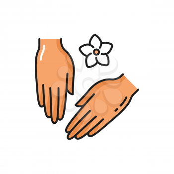 Skincare products, spa, hand care cosmetics and flower isolated color line icon. Vector caucasian or asian woman palms, herbal medicine. Female hands, freshness and hygiene, arms and fingers massage