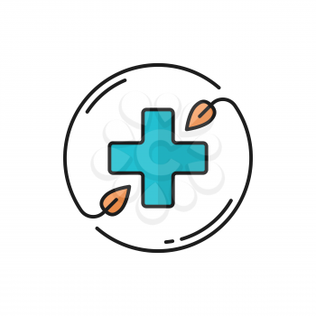 Cross in circle of herbal plants healthcare emblem isolated color line icon. Vector pharmacy hospital, medical assistance sign with leaves. Beauty and spa salon emblem, health care and massage therapy