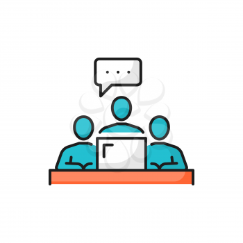 Team working together on computer, chat bubble isolated color line icon. Vector copywriters or writers typing text, distance education and examination. Chat online support, content editors typewriters