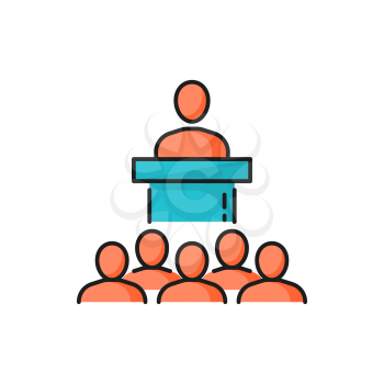 President, boss or politician speaking on podium isolated color line icon. Vector brainstorming and cooperation, interviewing, recruitment. Business meeting or conference, boss speaking on stage