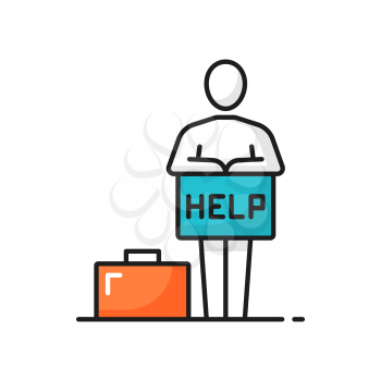 Support center worker with briefcase, quick help isolated color line icon. Vector technician private policy assistant. Instruction guide. Support center worker, computer operator ready to help