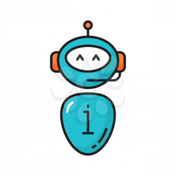 Hotline assistant chatbot robot in headphones isolated blue icon. Vector call center chatbot in headphones headset. Virtual online help voice support android, artificial intelligence operator